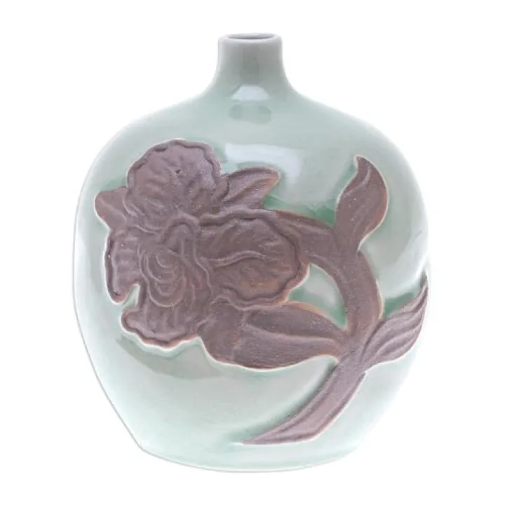 NOVICA Floral Ceramic Vase, Green 'Green Orchid Bubble'