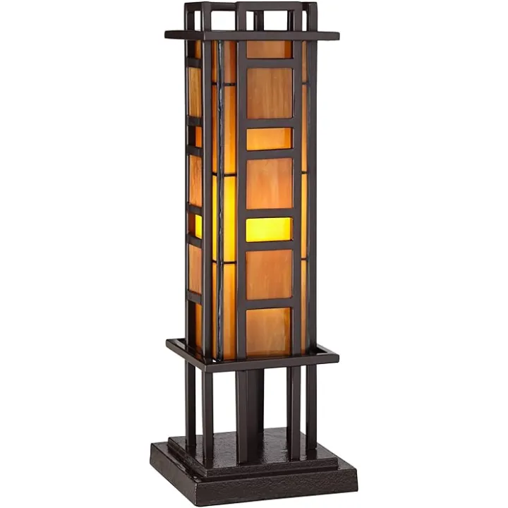 Robert Louis Tiffany Prairie Style Mission Rustic Pillar Accent Table Lamp Bronze Iron Column Hand-Cut Amber Stained Art Glass for Living Room Bedroom House Bedside Nightstand Home Office Family