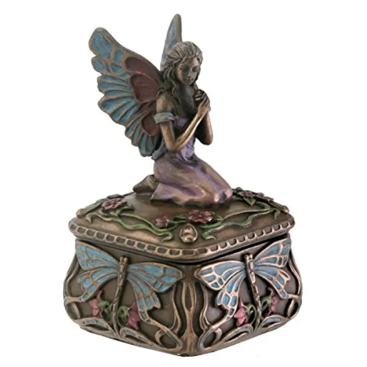 SUMMIT COLLECTION Art Nouveau Kneeling Fairy Jewelry Box with Dragonfly and Blooming Flower Decorations