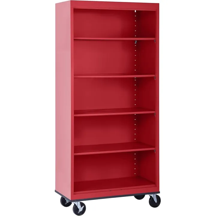 Sandusky Lee BM40361872-01 Mobile Bookcase with 4 Adjustable Shelves, Steel Rolling Bookshelf Storage Cabinet, 78"H, Red
