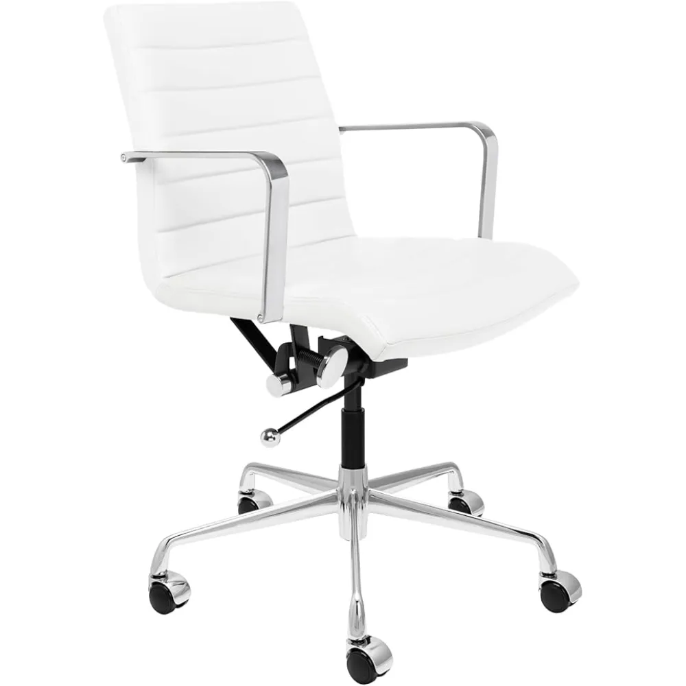 Laura Davidson Furniture SOHO II Ribbed Office Chair - Mid Back Desk Chair, Ergonomically Designed with Arm Rest & Swivel, Made of Faux Leather, White, Computer Chair