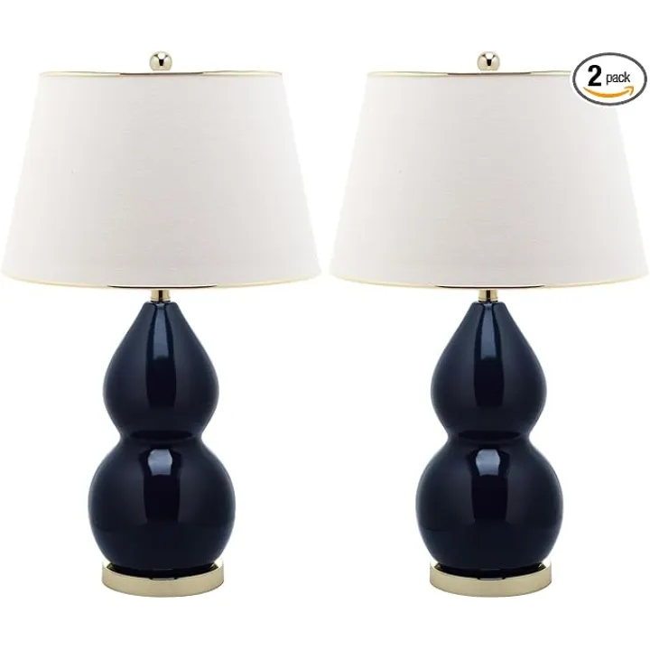 SAFAVIEH Lighting Collection Jill Modern Contemporary Navy Double Gourd Ceramic 27-inch Bedroom Living Room Home Office Desk Nightstand Table Lamp Set of 2 (LED Bulbs Included)