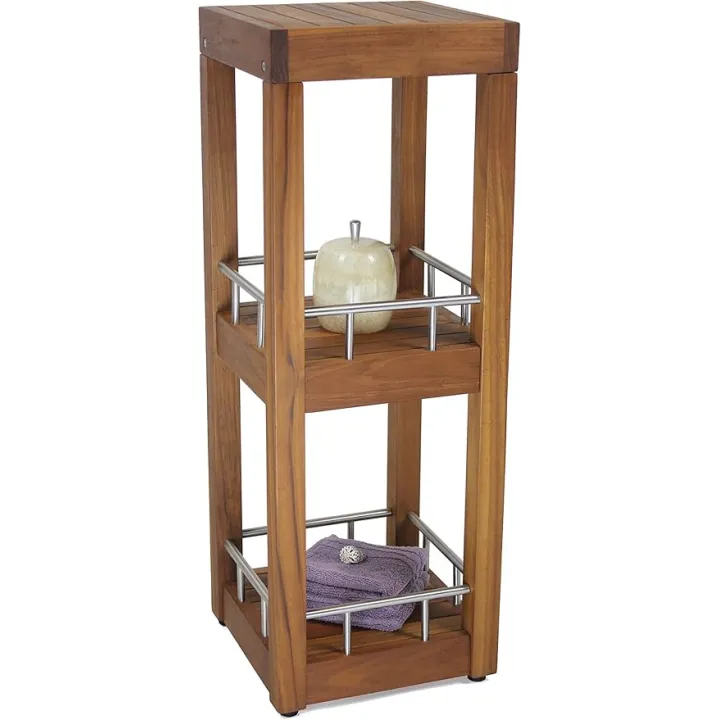 AquaTeak Patented Sula Square Three Tier Teak & Stainless Bath Stand