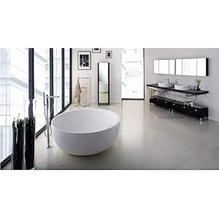 Free-Standing Soaking Bathtub Made of White Solid Surface with a Decorative Solid Surface Drain, no Overflow, net Weight 397 lbs, Water Capacity 122 gal. DIAM: 52 7/8” H: 19 1/2, Gloss White
