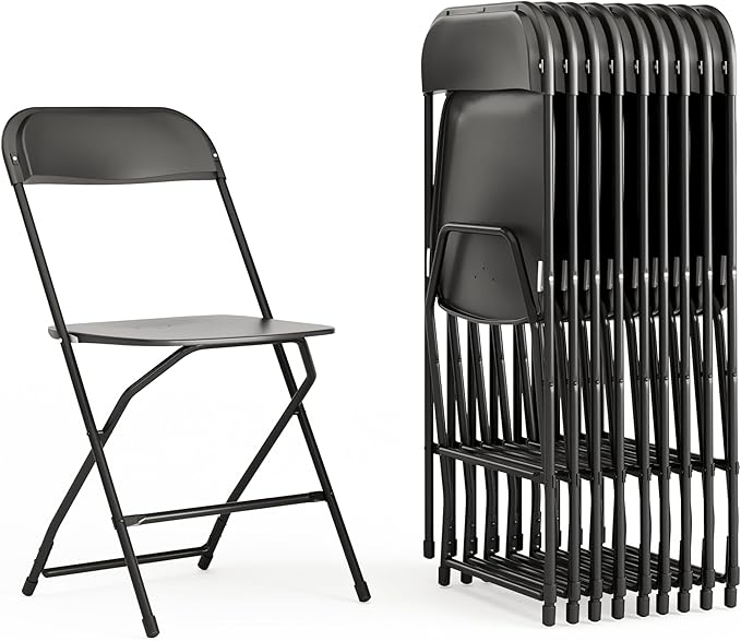 Flash Furniture Hercules Set of 10 Indoor/Outdoor Heavy-Duty Plastic Folding Chairs, Foldable Commercial Stacking Chairs with 650-lb. Static Weight Capacity, Black