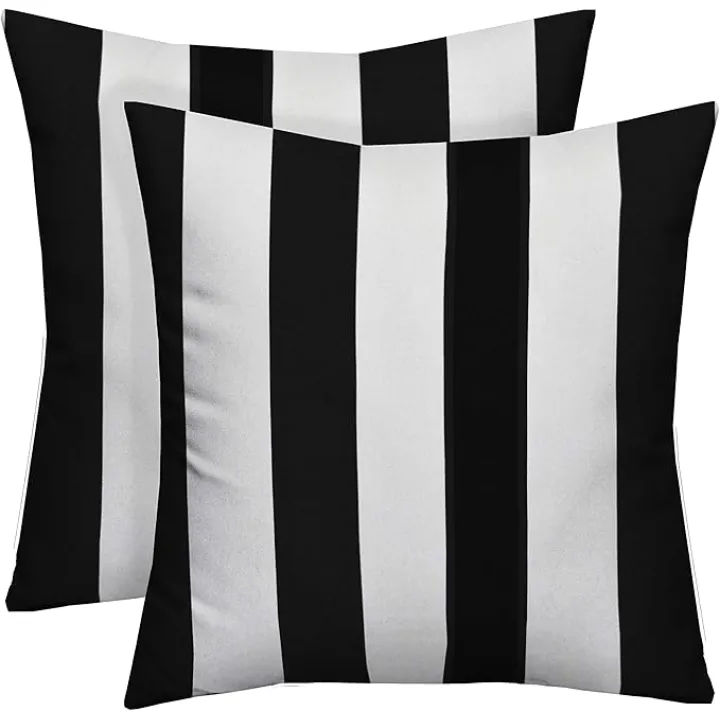 Square Throw Pillows Set of 2 | 20"x 20"| All-Weather Spun Fabric | Water and Fade-Resistant | Outdoor Accent Pillows for Patio Furniture | Black & White Stripe