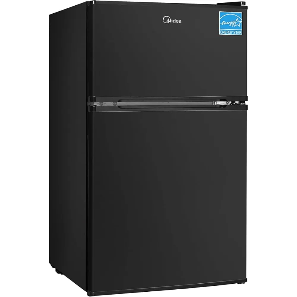 Midea WHD-113FB1 Double Door Mini Fridge with Freezer for Bedroom Office or Dorm with Adjustable Remove Glass Shelves Compact Refrigerator, 3.1 cu ft, Black