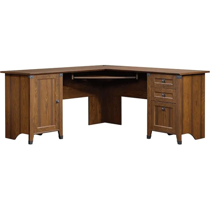 Sauder Carson Forge Corner Computer, Rustic Vintage L-Shaped Desk, L: 66.14" x W: 66.14" x H: 29.88", Washington Cherry