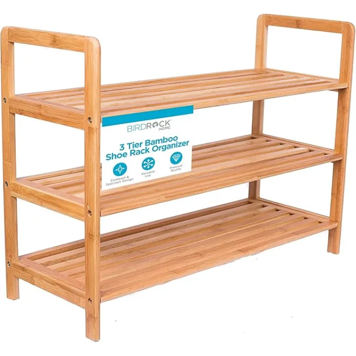 BIRDROCK HOME Bamboo Shoe Rack Organizer for Entryway, Closet, or Front Door - Stackable Wooden Storage Shelf for Small Spaces, Indoor or Outdoor, Decorative Brown Madera - Elegant, Simple - 3 Tier