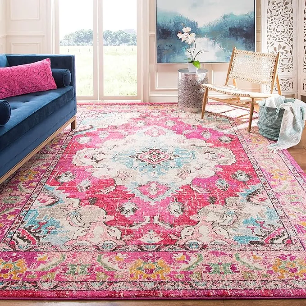 SAFAVIEH Monaco Collection Area Rug - 8' x 11', Pink & Multi, Boho Chic Medallion Distressed Design, Non-Shedding & Easy Care, Ideal for High Traffic Areas in Living Room, Bedroom (MNC243D)