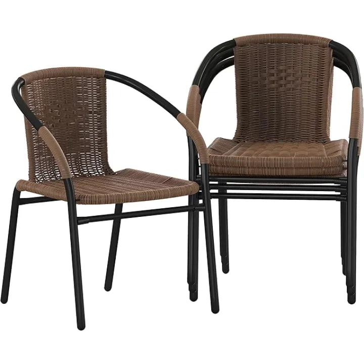 Flash Furniture Lila Modern Rattan Indoor/Outdoor Stackable Dining Chairs, Stacking Rattan Bistro Chairs for Patio or Restaurant, Set of 4, Brown