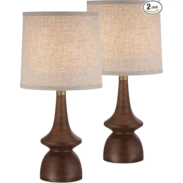 360 Lighting Rexford Mid Century Modern Table Lamps 24" Tall Set of 2 Walnut Brown Faux Wood Off White Drum Shade for Bedroom Living Room House Home Bedside Nightstand Office Kids Family