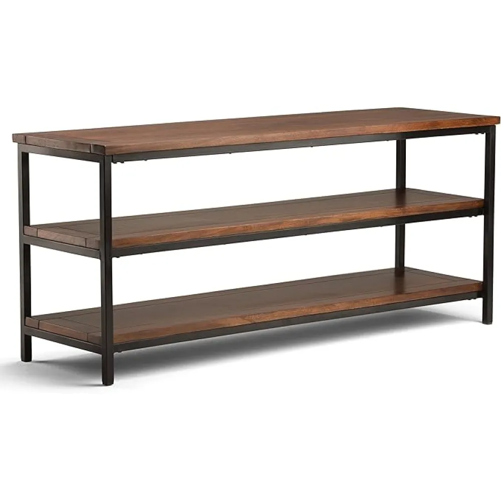 SIMPLIHOME Skyler SOLID MANGO WOOD 60 inch Wide Industrial TV Media Stand in Dark Cognac Brown For TVs up to 65 inches for the Living Room and Entertainment Center