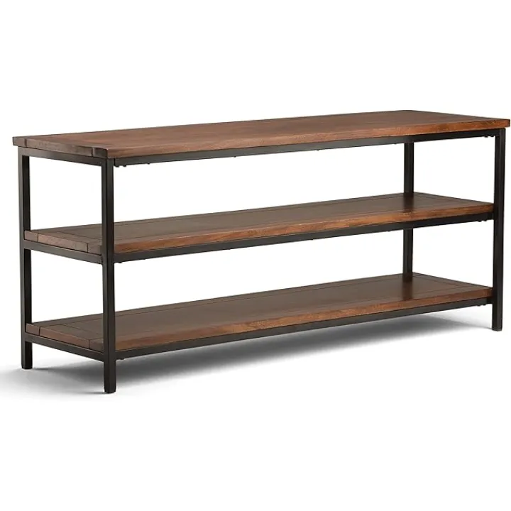 SIMPLIHOME Skyler SOLID MANGO WOOD 60 inch Wide Industrial TV Media Stand in Dark Cognac Brown For TVs up to 65 inches for the Living Room and Entertainment Center