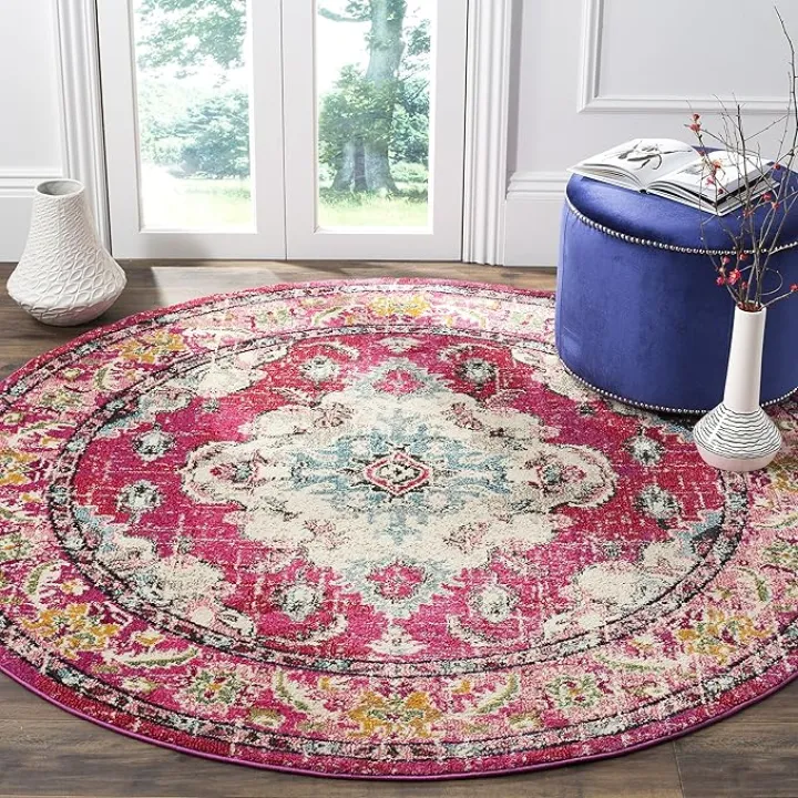 SAFAVIEH Monaco Collection Area Rug - 5' Round, Pink & Multi, Boho Chic Medallion Distressed Design, Non-Shedding & Easy Care, Ideal for High Traffic Areas in Living Room, Bedroom (MNC243D)