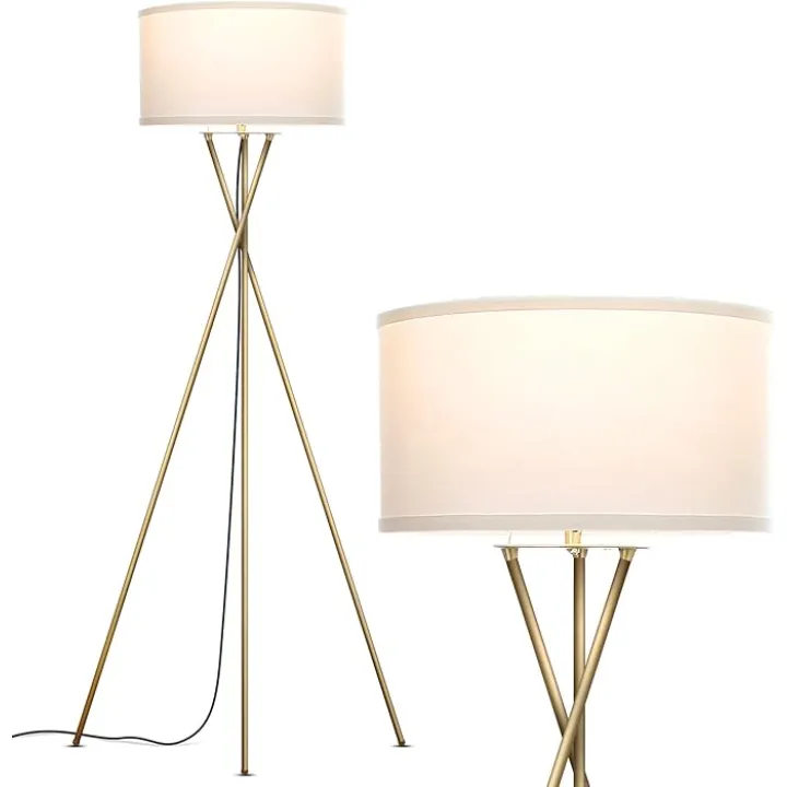 Brightech Jaxon LED Floor lamp, Modern Lamp for Living Rooms & Offices, Tall Lamp with Contemporary Drum Shade, Gold Tripod Standing Lamp for Bedroom Reading, Great Living Room Decor - Brass