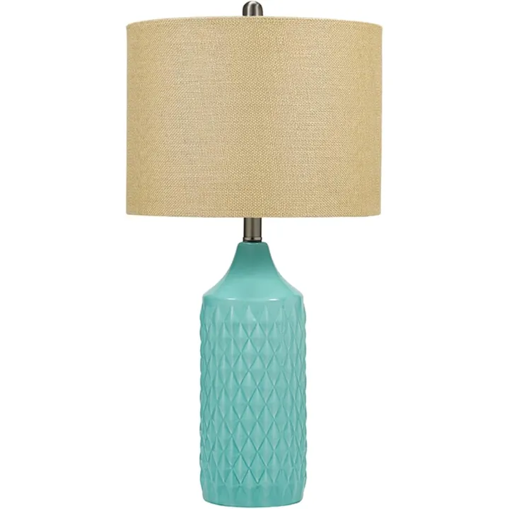 Catalina Lighting 19970-000 Modern Quilted Ceramic Table Lamp with Linen Drum Shade, 26.5", Classic Aqua Blue