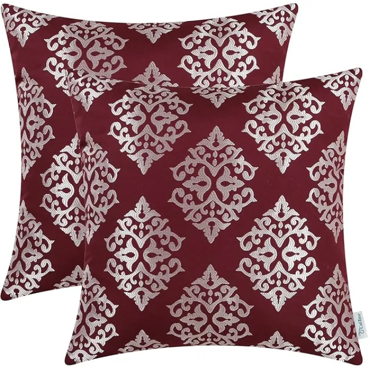 CaliTime Pack of 2 Soft Jacquard Throw Pillow Covers Cases for Couch Sofa Home Decoration Vintage Diamond Shape Damask Floral 18 X 18 Inches Burgundy
