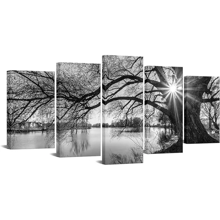 sechars - 5 Pieces Wall Art,Old Tree by Lake Picture Canvas Prints Sunrise Painting Black and White Landscape Canvas Art,Modern Wall Decoration,Framed and Ready to Hang