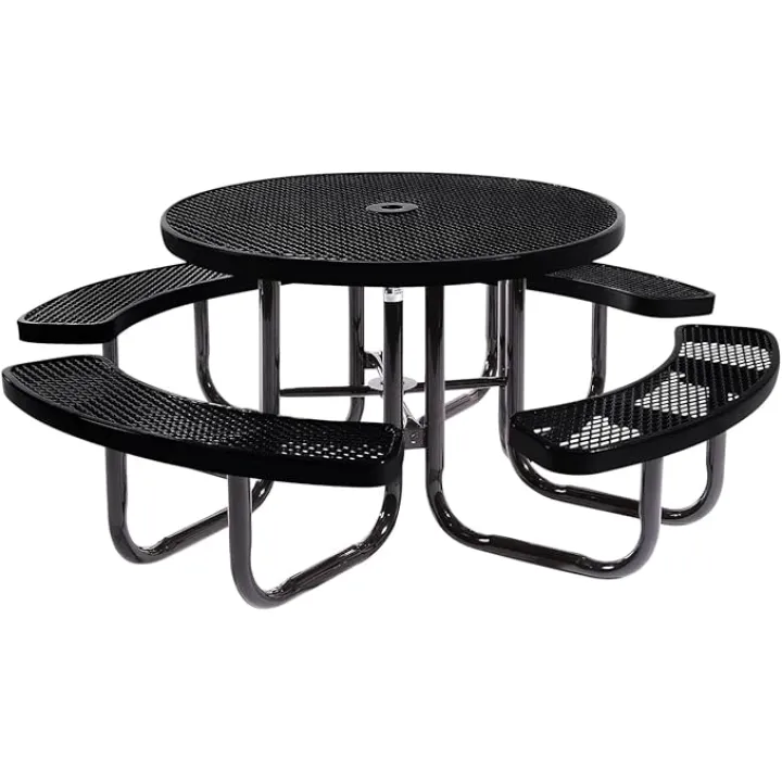 Coated Outdoor Furniture Heavy-Duty Portable Outdoor Picnic Table with Umbrella Hole, Expanded Metal Commercial-Grade Patio Dining Furniture Made in America (46" Round Top, Black)