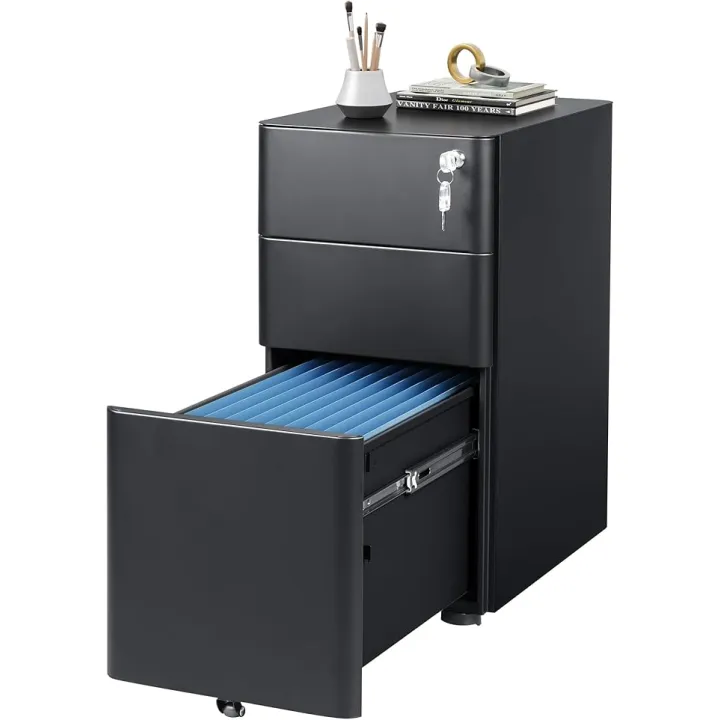 DEVAISE 3-Drawer Slim File Cabinet, Vertical Filing Cabinet, Fully Assembled Except Casters, Black