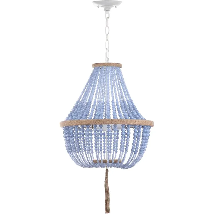 SAFAVIEH Lighting Collection Lush Kristi Boho Farmhouse Blue 17-inch Diameter 3-light Beaded Adjustable Hanging Pendant Light Fixture with Tassel (LED Bulbs Included)