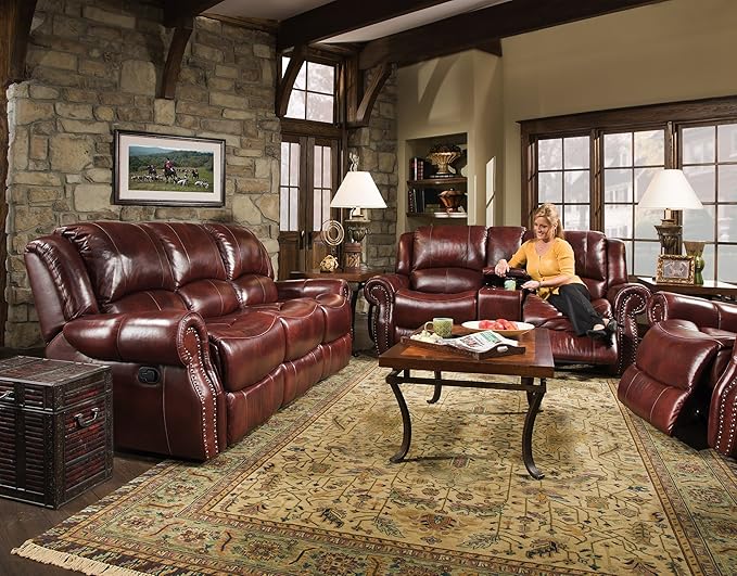 Cambridge Telluride 3 Piece Indoor Furniture Set with Deep Seating Double Reclining Sofa, Console Loveseat, and Rocker Recliner for Living Room, Family Room, or Man Cave, 100% Genuine Oxblood Leather