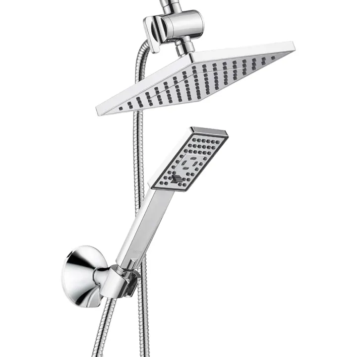 BRIGHT SHOWERS Rain Shower Head with Handheld Spray, 8 Inch High Pressure Rainfall Shower Head Combo with 60” Hose, Adjustable Dual Square Showerhead with 3-Way Diverter, Wall Bracket, Chrome