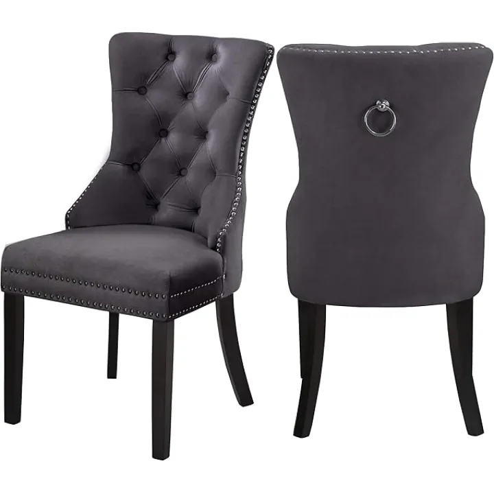 Meridian Furniture Nikki Collection Modern | Contemporary Velvet Upholstered Dining Chair with Wood Legs, Button Tufting, and Chrome Nailhead Trim, Set of 2, 23" W x 23" D x 40" H, Grey