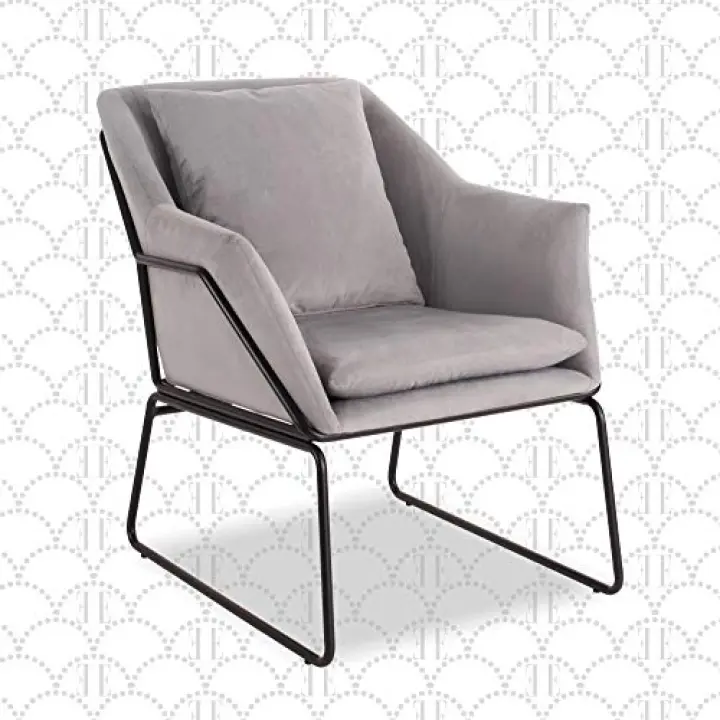 Elle Decor Odile Accent Chair, Plush Back Cushion, Black Metal Frame, Modern Living Room Upholstery Furniture, French Gray