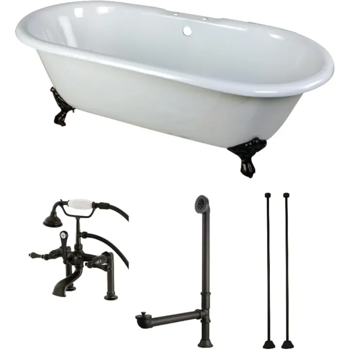 Kingston Brass KCT7D663013C5 Aqua Eden Tub with Faucet Drain and Lines Combo, 66"L x 30"W x 19-1/8"H, White/Oil Rubbed Bronze