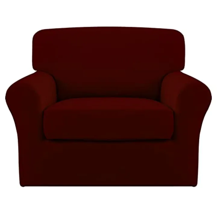 Easy-Going 2 Pieces Microfiber Stretch Chair Slipcover – Spandex Soft Fitted Sofa Couch Cover Washable Furniture Protector with Elastic Bottom Kids Pet Wine