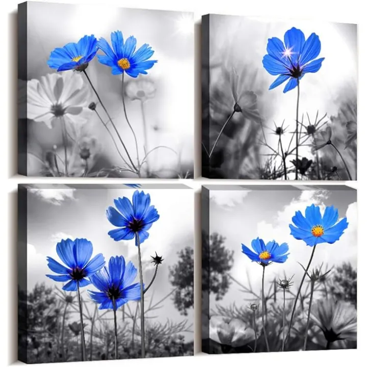 wall art for living room Black and White cyan blue flower Big Canvas Prints Wall Decor Artwork 16" x 16" 4 Pieces Framed Black Border Ready to Hang for bedroom kitchen Home Decoration withoffice