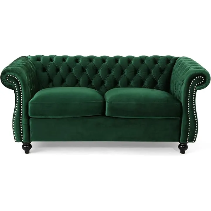 Christopher Knight Home Karen Traditional Chesterfield Loveseat Sofa, Emerald and Dark Brown, 61.75 x 33.75 x 27.75