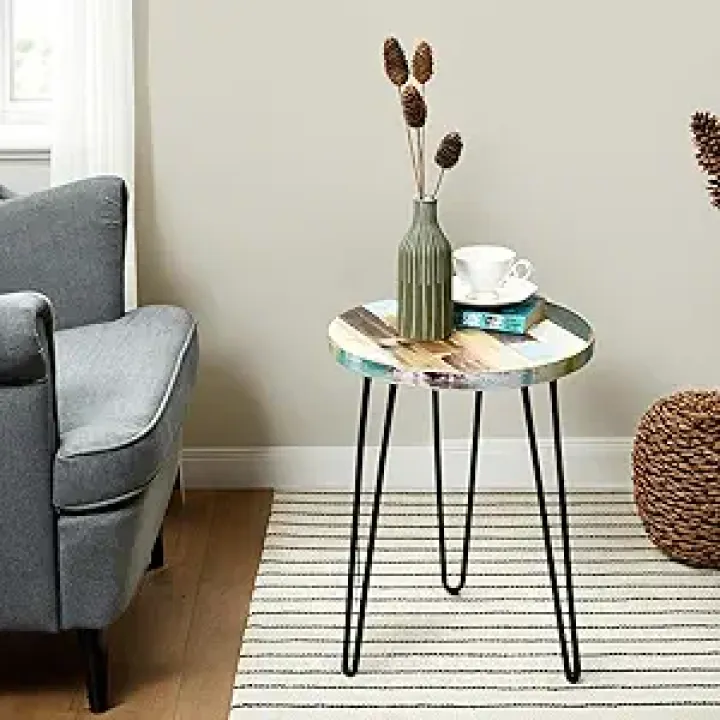 WELLAND Reclaimed Wood Side Table, Round Hairpin Leg End Table, 16" L x 16" W x 20.5" H, Night Stand, Recycled Boat Wood for Living Room, Bedroom, Home Office, Patio