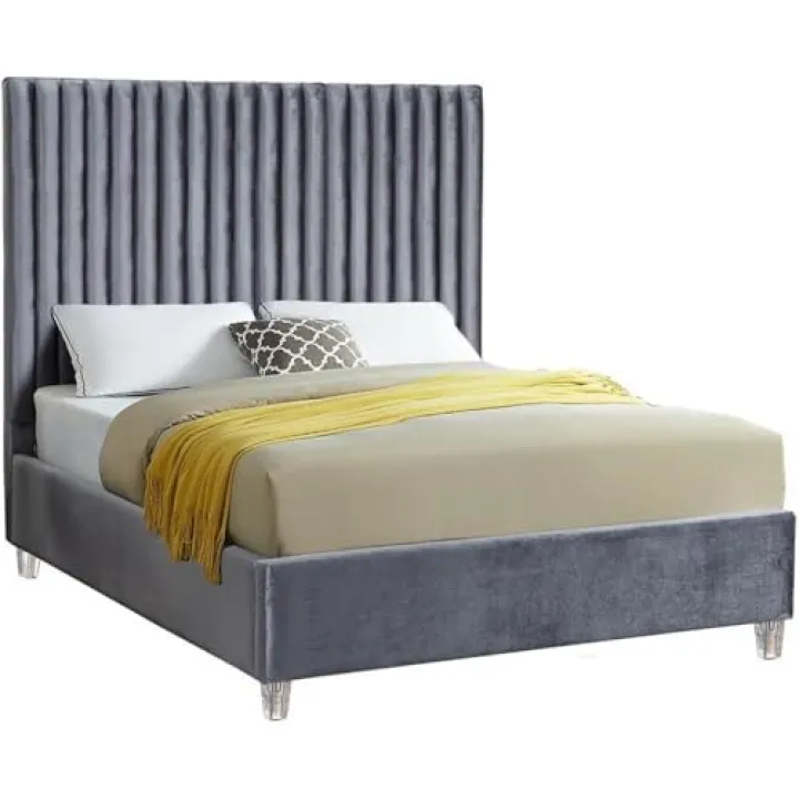 Meridian Furniture CandaceGrey-K Candace Collection Modern | Contemporary Velvet Upholstered King Bed, Grey Velvet Fabric, Deep Channel Tufting, Acrylic Legs, 80" W x 86" D x 65" H, Grey, King