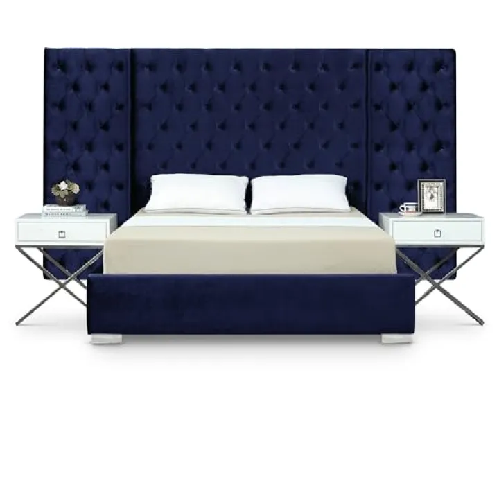 Meridian Furniture Grande Collection Modern | Contemporary Velvet Upholstered Bed with Luxurious Deep Button Tufting and Stainless Steel Legs in Polished Chrome Finish, Navy, King