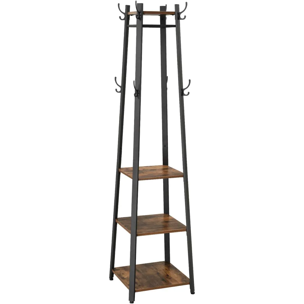 VASAGLE Coat Rack, Coat Stand with 3 Shelves, Hall Tree Free Standing with Hooks for Scarves, Bags, Umbrellas, Steel Frame, Industrial Style, for Entryway, Living Room, Rustic Brown and Black ULCR80X