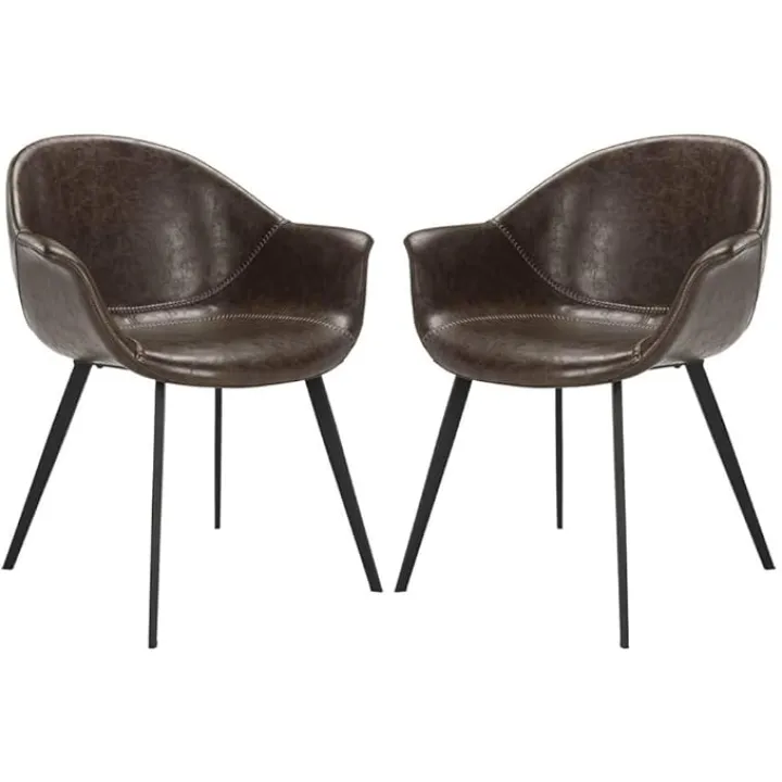 Safavieh Home Dublin Mid-Century Modern Dark Brown Faux Leather and Black Dining Tub Chair, Set of 2