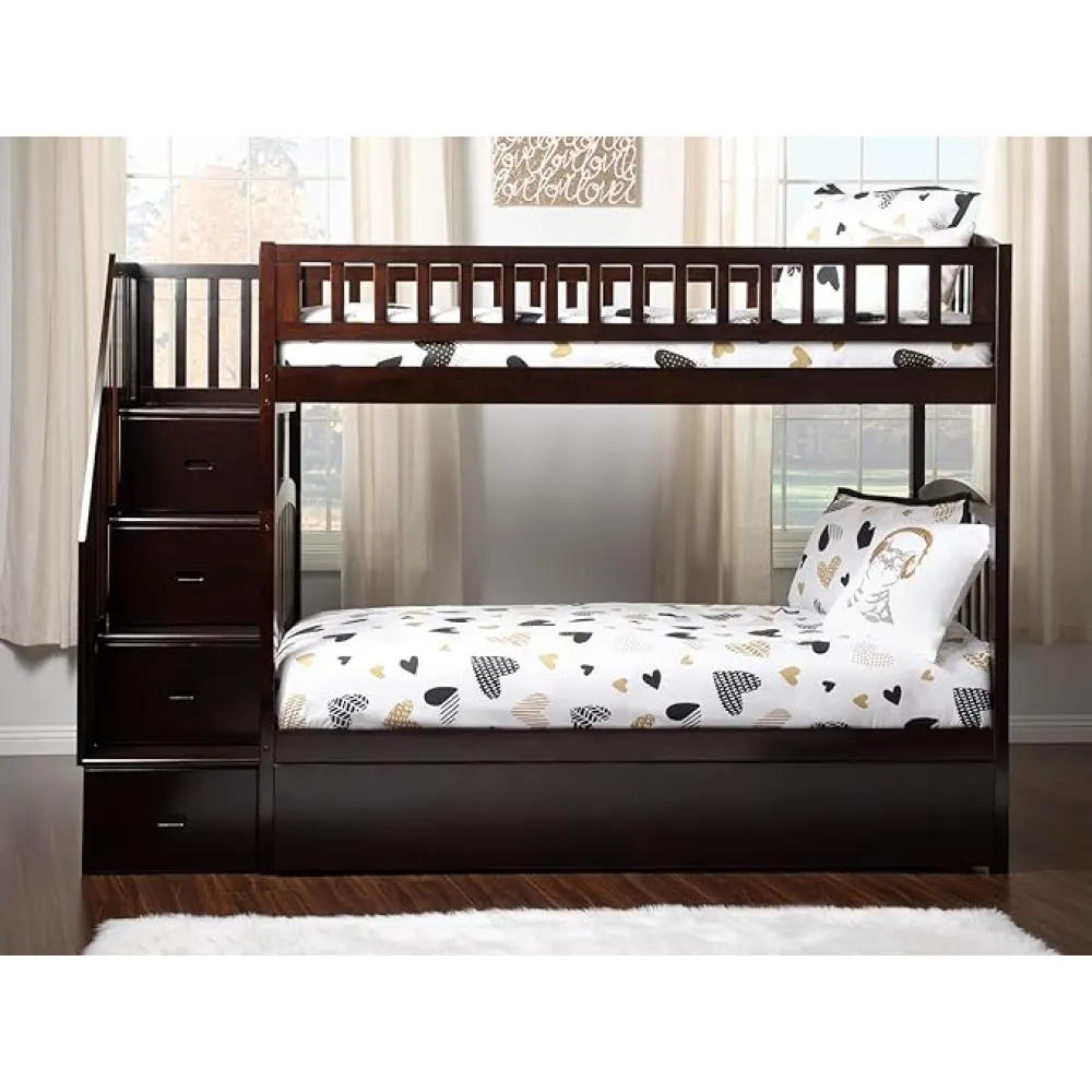 AFI, Westbrook Staircase Bunk Bed Twin Over Twin with Trundle Bed and Attachable USB Charger, Espresso