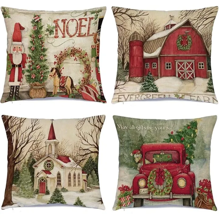 Hlonon Christmas Decorations Christmas Pillow Covers 18 x 18 Inches Set of 4 - Xmas Series Cushion Pillow Cover Custom Zippered Square Pillowcase