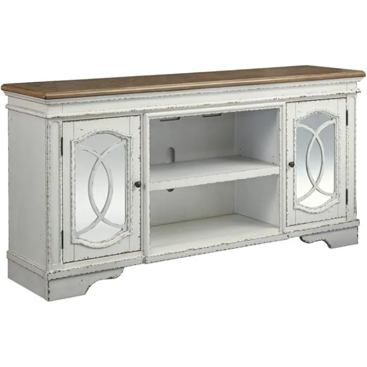 Signature Design by Ashley Realyn Farmhouse TV Stand with Fireplace Option Fits TVs up to 72", 2 Cabinet Doors and Adjustable Storage Shelf, White & Rustic Brown
