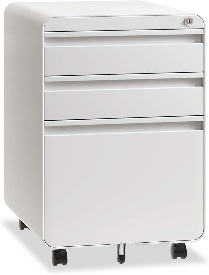Dripex 3 Drawer File Cabinet, Metal Filing Cabinets with Lock Wheels for A4/Legal/Letter File, Anti-tilt Under Desk Design, Lockable Rolling Mobile File Cabinet for Home Office (White)