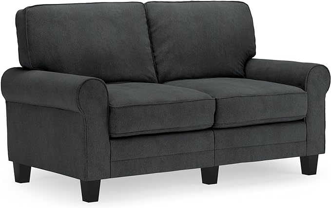 Serta Copenhagen 61" Rolled Arm Sofa, Easy Care Polyester, Soft Pillow Back, Pocket Coil Seat Cushions, Removable Covers, Loveseat or Couch for Small Spaces, Living Rooms or Bedrooms, Charcoal