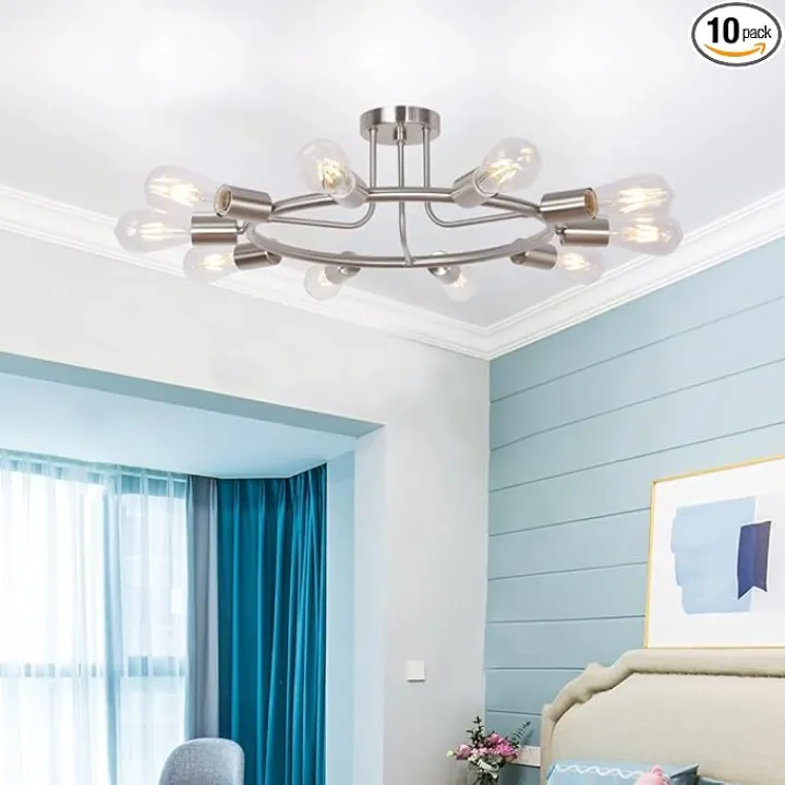 BONLICHT Round Rustic Chandelier 10-Light Brushed Nickel Modern Semi Flush Mount Ceiling Light Industrial Vintage Sputnik Chandelier Light Fixture for Living Room Dining Room Bed Room Kitchen Hallway