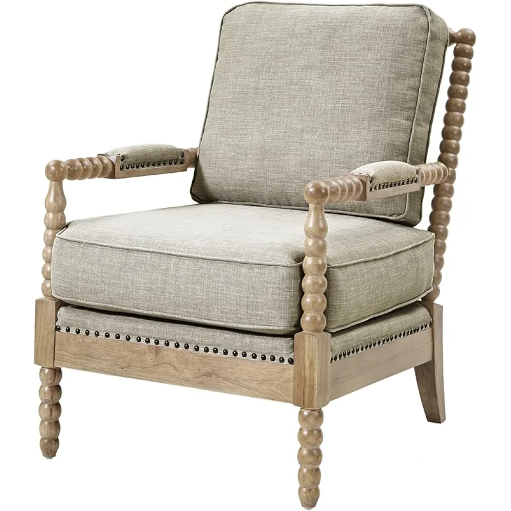 Madison Park Donohue Mid-Century Modern Accent Chairs for Living Room with Nailhead Trim, Solid Wood, Oakwood Finish, Upholstered Seat, Lounge for Reading Bedroom Furniture, Light Grey