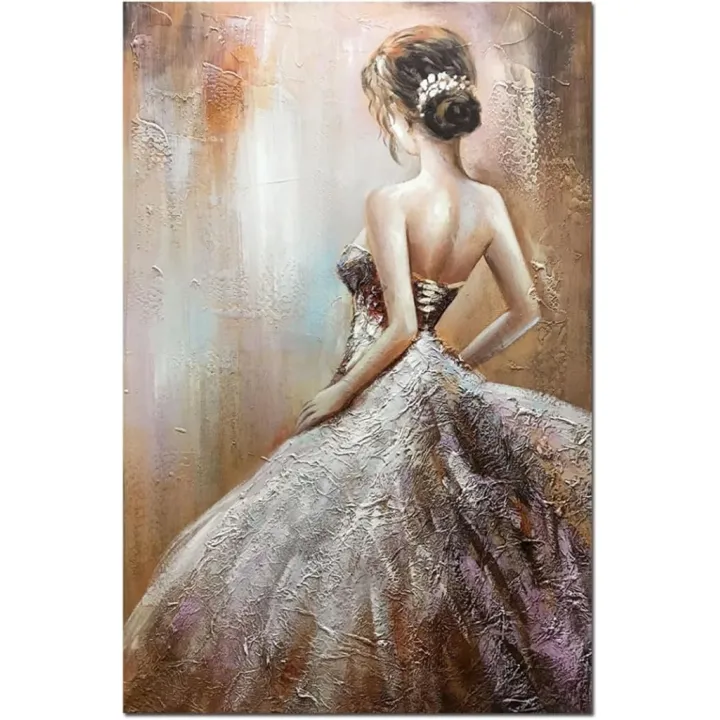 Boiee Art,24x36Inch Hand Painted Girl in Wedding Dress Canvas Paintings Abstract Figure Artwork Acrylic Wall Art Painting Framed Ready to Hang for Living room