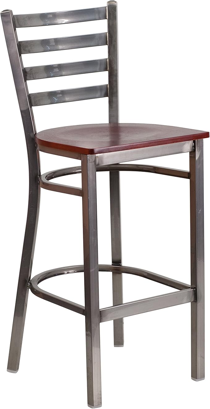 EMMA + OLIVER Clear Coated Metal Ladder Back Barstool, Mahogany Wood Seat