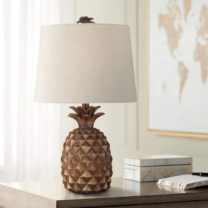 Regency Hill Paget Coastal Tropical Style Accent Table Lamp 23.75" High Pineapple Brown Oatmeal Fabric Tapered Drum Shade Decor for Living Room Bedroom Beach House Bedside Nightstand Home