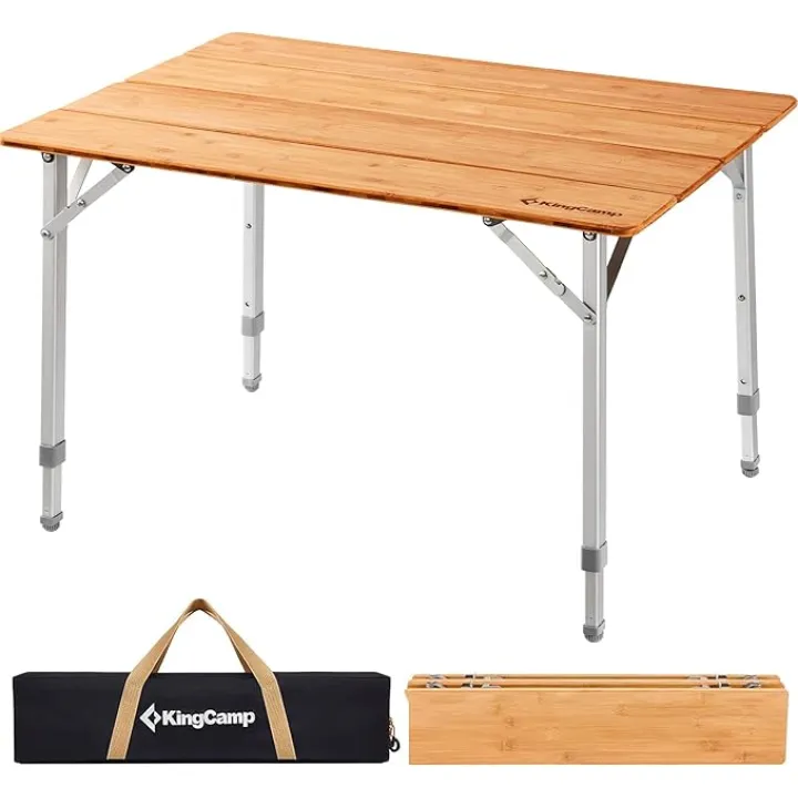 KingCamp Adjustable Height Folding Table, 4-Fold Bamboo Camping Outdoor Portable RV Camp Table with Carry Bag for Outdoor Car Backyard Picnic Tailgating Beach